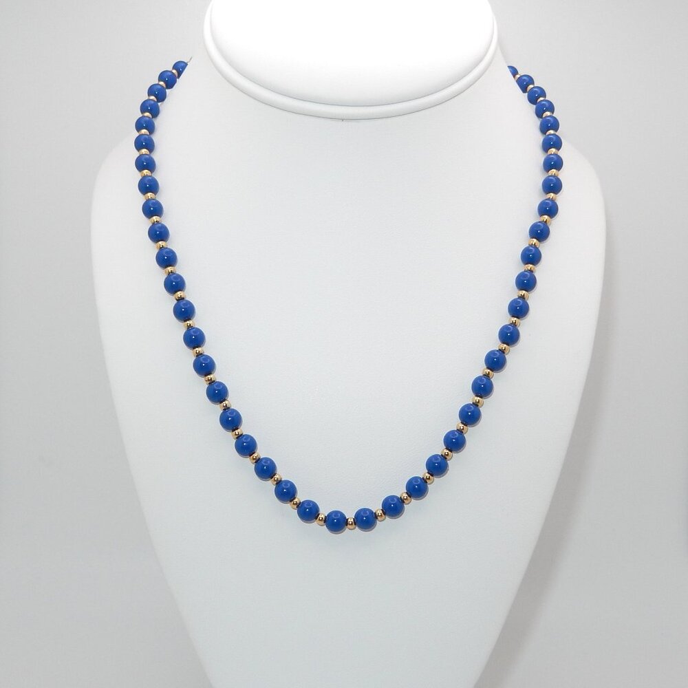 Vintage MONET Necklace / Blue Beads with Gold Tone Spacers / 18" Length